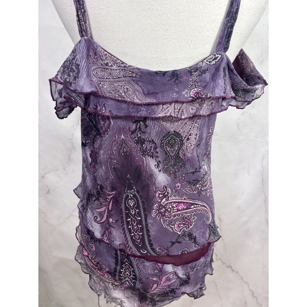 Vtg Y2k Silk Tiered Cami Blouse Asymmetrical Paisley Whimsigoth Fairy XL Purple - Picture 5 of 16